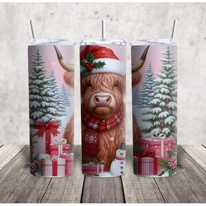 Hand Crafted Holiday Pink and Red Tumbler Highland Cow